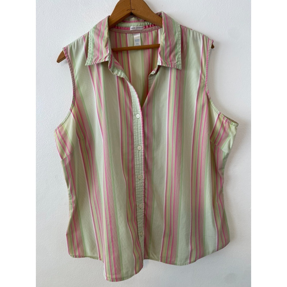 Old Navy Shirt Womens 2XL Green Pink Stripe Sleeveless Button Up Tunic Top BOHO